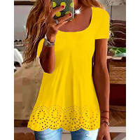 Hollow Out Scallop Trim Flowy T-shirt - yellow