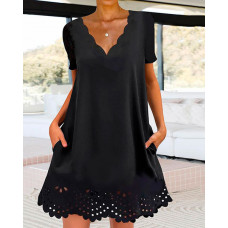 Hollow Out Scallop Trim Pocket Decor Dress - black