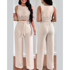 Hollow Out Scallop Trim Tank Top & High Waist Pants Set - Apricot