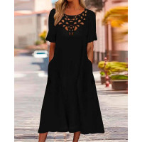 Hollow Out Short Sleeve Casual Dress - black