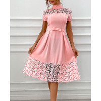 Hollow-out Short Sleeve Ruched Dress With Belt - pink