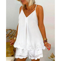 Hollow Out Sleeveless Flowy Top & Shorts Set - white