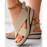 Hollow Out Slingback Velcro Wedge Sandals - Apricot