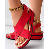 Hollow Out Slingback Velcro Wedge Sandals - red