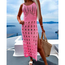 Hollow Out Slit Crochet Cover Up Dress - pink