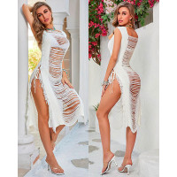 Hollow Out Slit Lace-up Tassel Design Crochet Cover Up Dress - white