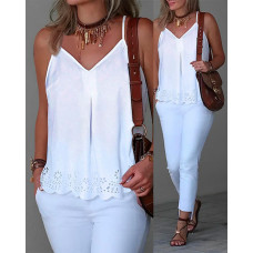 Hollow Out Spaghetti Strap Flowy Top - white