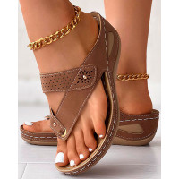 Hollow Out Studded Toe Post Wedge Slippers - brown