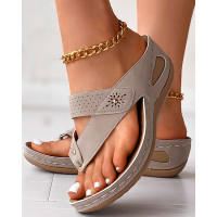 Hollow Out Studded Toe Post Wedge Slippers - khaki