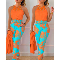 Hollow Out Tank Top & Plants Print Pants Set - orange