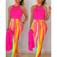 Hollow Out Tank Top & Rainbow Colorblock Pants Set - hot pink