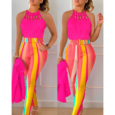 Hollow Out Tank Top & Rainbow Colorblock Pants Set - hot pink