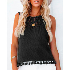 Hollow Out Tassel Design Crochet Tank Top - black