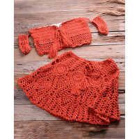 Hollow Out Tassel Design Crochet Tankini Set - Wine red