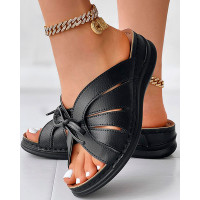 Hollow Out Tied Detail Wedge Slippers - black