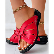 Hollow Out Tied Detail Wedge Slippers - red