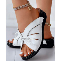 Hollow Out Tied Detail Wedge Slippers - white