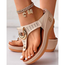 Hollow Out Toe Post Beach Wedge Flip Flops - nude