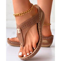 Hollow Out Toe Post Wedge Slippers - brown