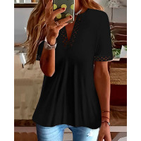 Hollow Out V-Neck Short Sleeve Top - black