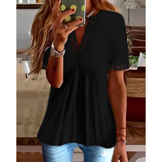 Hollow Out V-Neck Short Sleeve Top - black