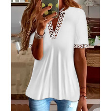 Hollow Out V-Neck Short Sleeve Top - white