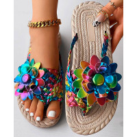 Holographic Braided Floral Pattern Toe Post Beach Flip Flops - Multicolor