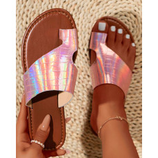 Holographic Toe Ring Beach Flip Flops - pink