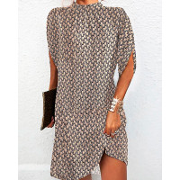 Honeycomb Print Half Sleeve Mock Neck Casual Dress - khaki