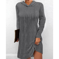 Hooded Cable Textured Casual Dress - gray