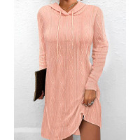 Hooded Cable Textured Casual Dress - pink