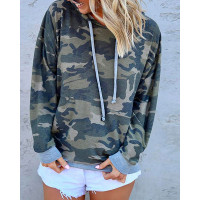 Hooded Camouflage Drawstring Design Sweatshirt - Army green