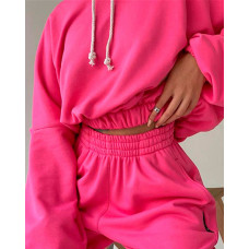 Hooded Top & High Waist Pants Set - hot pink