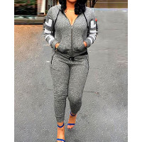 Hooded Zipper Closure Tracksuit Pants Set - gray