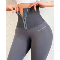 Hook Front Tummy Control Butt Lifting Sports Yoga Pants - gray