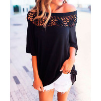 Hot Skew Neck Hollow Crochet Loose Blouse - white