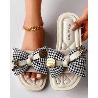 Houndstooth Bowknot Design Summer Slippers - beige