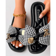 Houndstooth Bowknot Design Summer Slippers - black