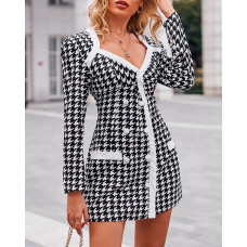 Houndstooth Button Decor Padded Shoulder Blazer Dress - black&white