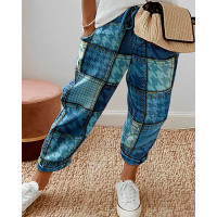 Houndstooth Denim Look Print Drawstring Cuffed Pants - blue