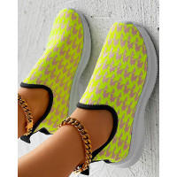 Houndstooth Pattern Breathable Slip-On Casual Sneakers - Neon Houndstooth Pattern Breathable Slip-On Casual Sneakers - Neon