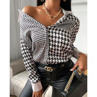 Houndstooth Pocket Design Long Sleeve Shirt - Apricot