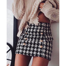 Houndstooth Print Button Decor Pocket Mini Skirt - black&white