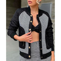 Houndstooth Print Button Design Coat - black