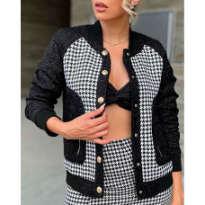 Houndstooth Print Button Design Coat - black