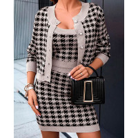 Houndstooth Print Buttoned Long Sleeve Coat - khaki