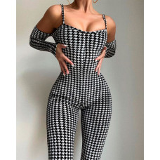 Houndstooth Print Cold Shoulder Velvet Skinny Jumpsuit - blackwhite