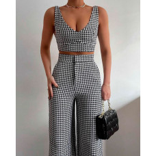 Houndstooth Print Crop Tank Top & High Waist Pants Set - black