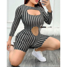 Houndstooth Print Cutout Front Romper - white