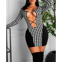 Houndstooth Print Cutout Long Sleeve Bodycon Dress - black